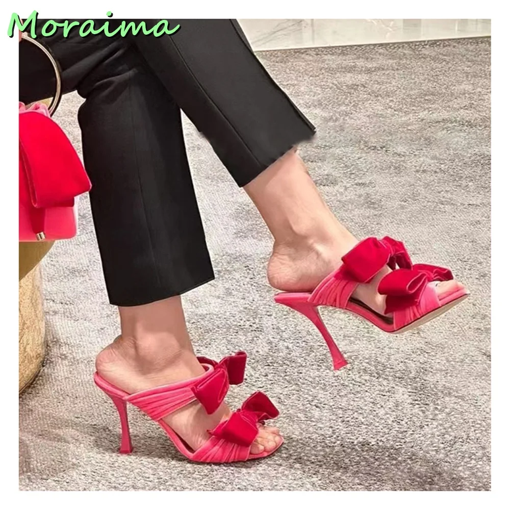 New Velevt Butterfly-Knot Slides Sexy Women Square Toe Slippers Stiletto High Heel Rosy Red Solid Elegant Banquet Summer 2023