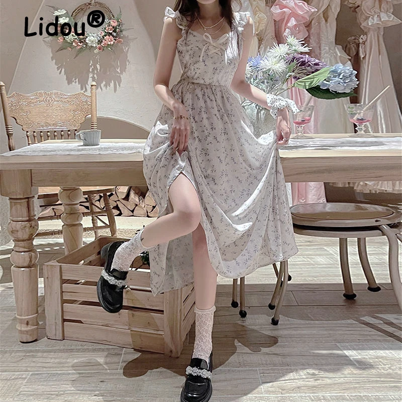 

2022 Fungus Edge Floral Dress Waist and Thin French Summer Chiffon Suspender Dress Prairie Style Sweet Vacation Dress for Female