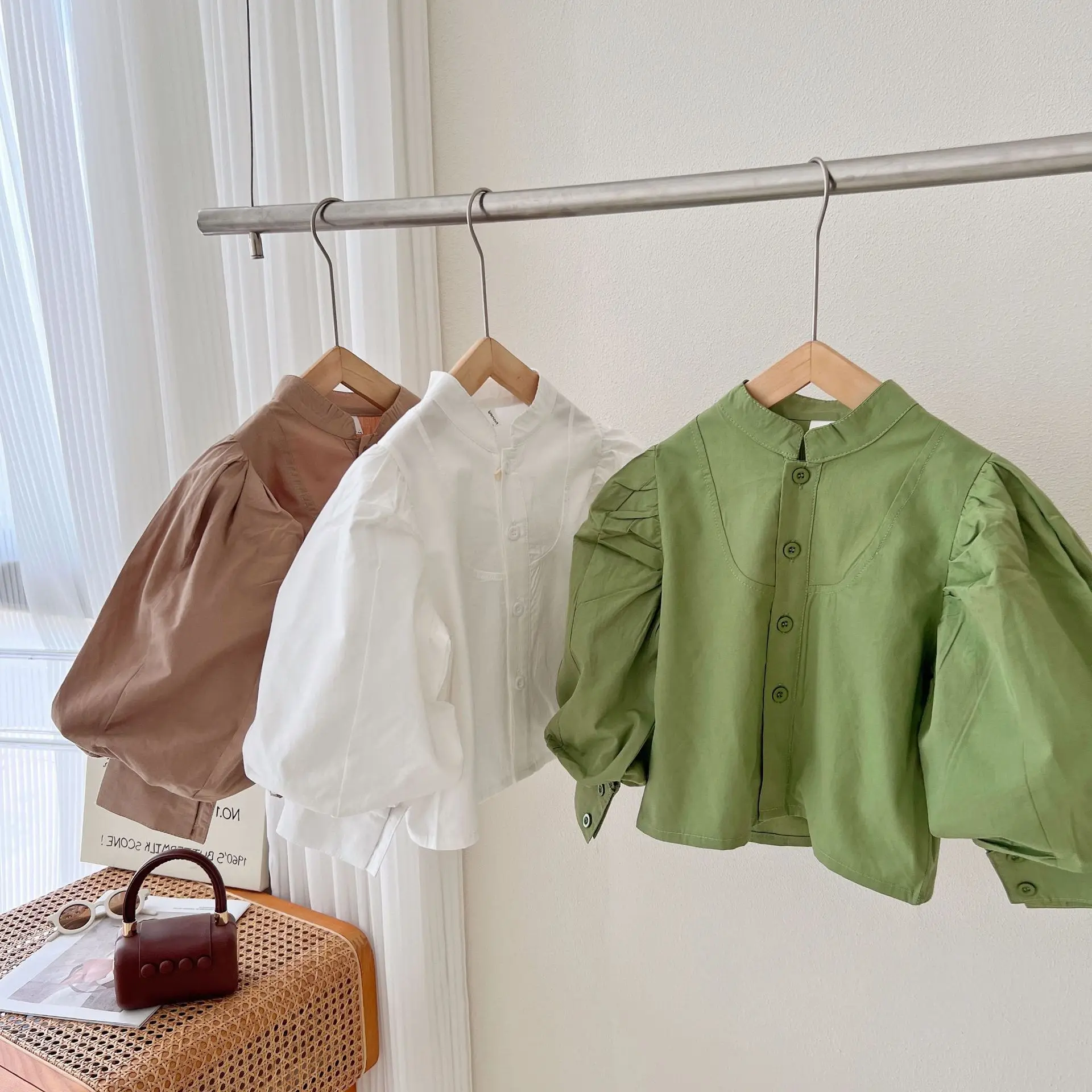 

2023 Spring Autumn Costume Kid Girl Solid Puff Sleeve Blouse Children Cotton Loose Fashion Tops Baby Casual All-match Shirts