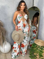 floral print beachwear jumpsuits summer women cross halter backless wide leg overalls cleavage cut out holiday vacation clothes