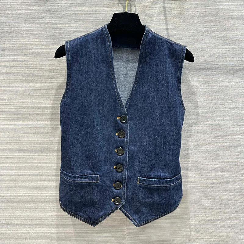 

22 Runway Blue Denim Vest Women V-Neck Classic Cotton Cowboy Waistcoat Fashion Single Breasted Sleeveless Jacket Slim Solid Tops