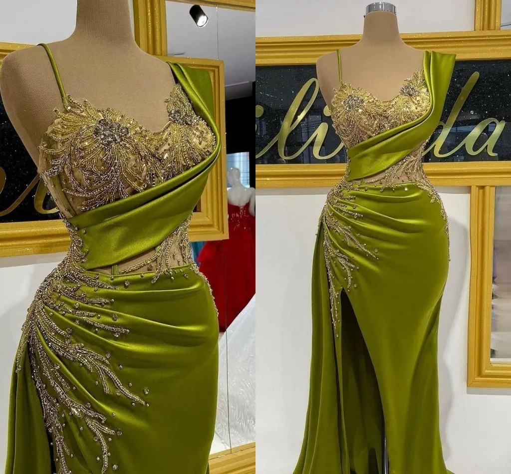 

Arabic Aso Ebi Olive Green Prom Dress 2023 Crystals Beading Ruched Formal Evening Gowns Sexy Split Customed Robes De Soiree