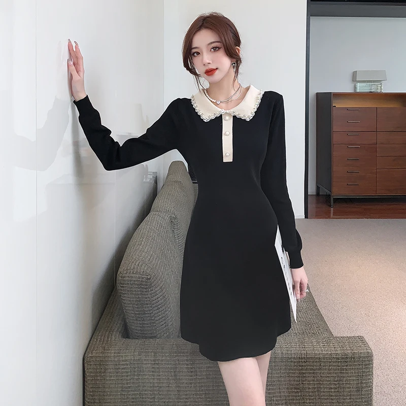 

2022 Autumn Winter Korean New Temperament Black Knitted Dress Turn Down Collar Hit Color Bottoming Dress