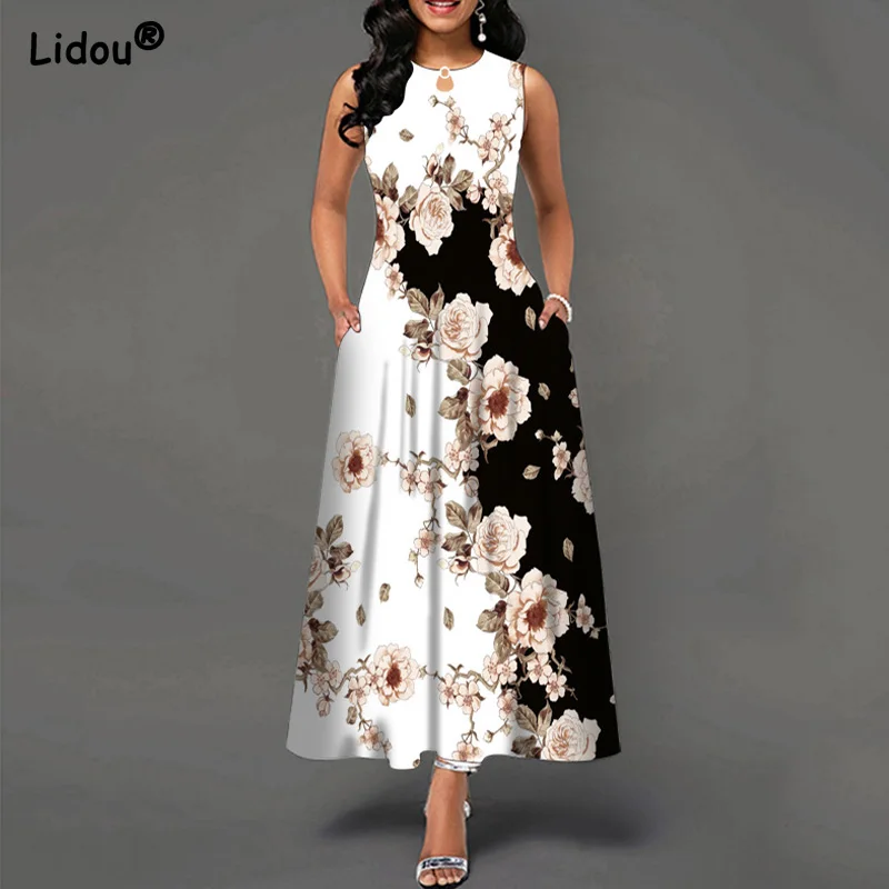 

Office Lady Print O Neck Sleeveless Dresses Elastic Waist A-LIN Mid Calf Robe Summer Elegant Free Shipping Women Clothing 2022