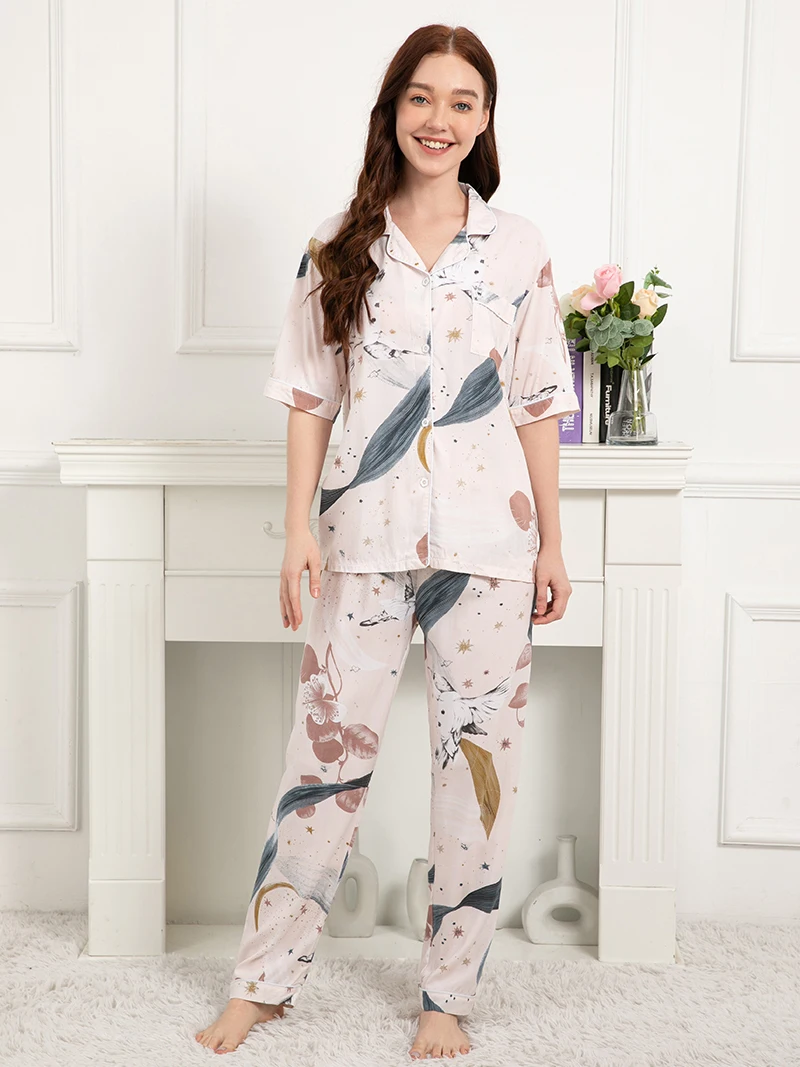 

Women's Plus Size S-3XL Pajamas Short Sleeve Long Pants Print Loose Home Service Female Casual Home Wear Pijamas Viscose
