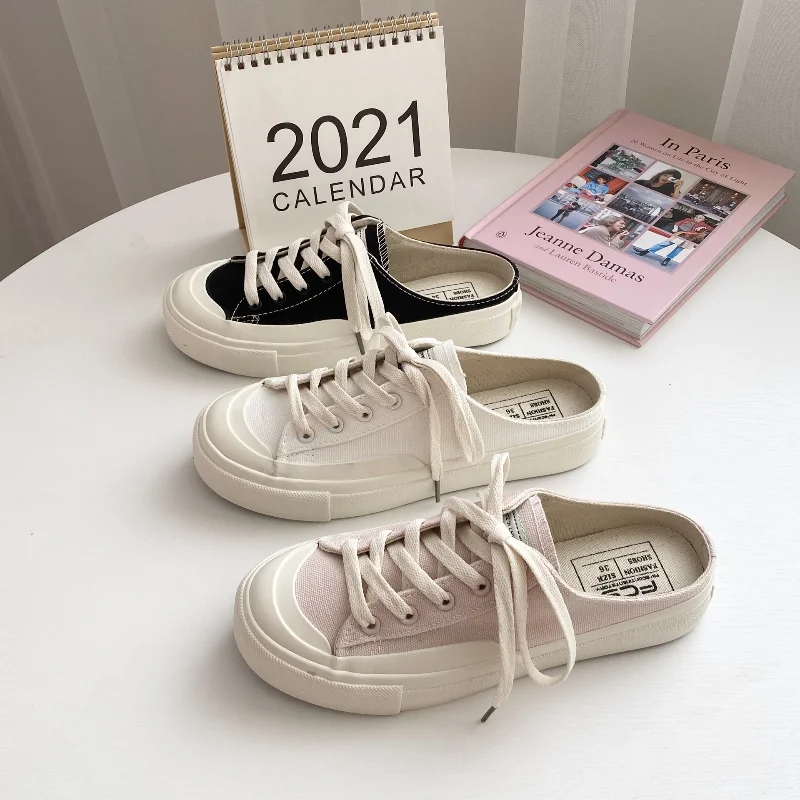 

2022 New Half-drag Canvas Shoes Female Spring and Summer Breathable Stepping Student Shoes Korean Style Trendy Single Shoes