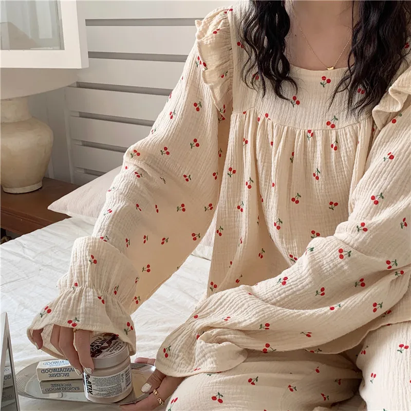 

Women Sleepwear 2 Piece Set 100% Cotton Cherry Pajama Suit Homewear Puff Sleeve Gauze Comfortable Pants Pyjamas Apricot D117