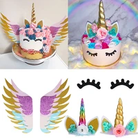 rainbow unicorn horn wing eyelashes cake topper happy birthday party decorations kids baby shower wedding favors unicorn party