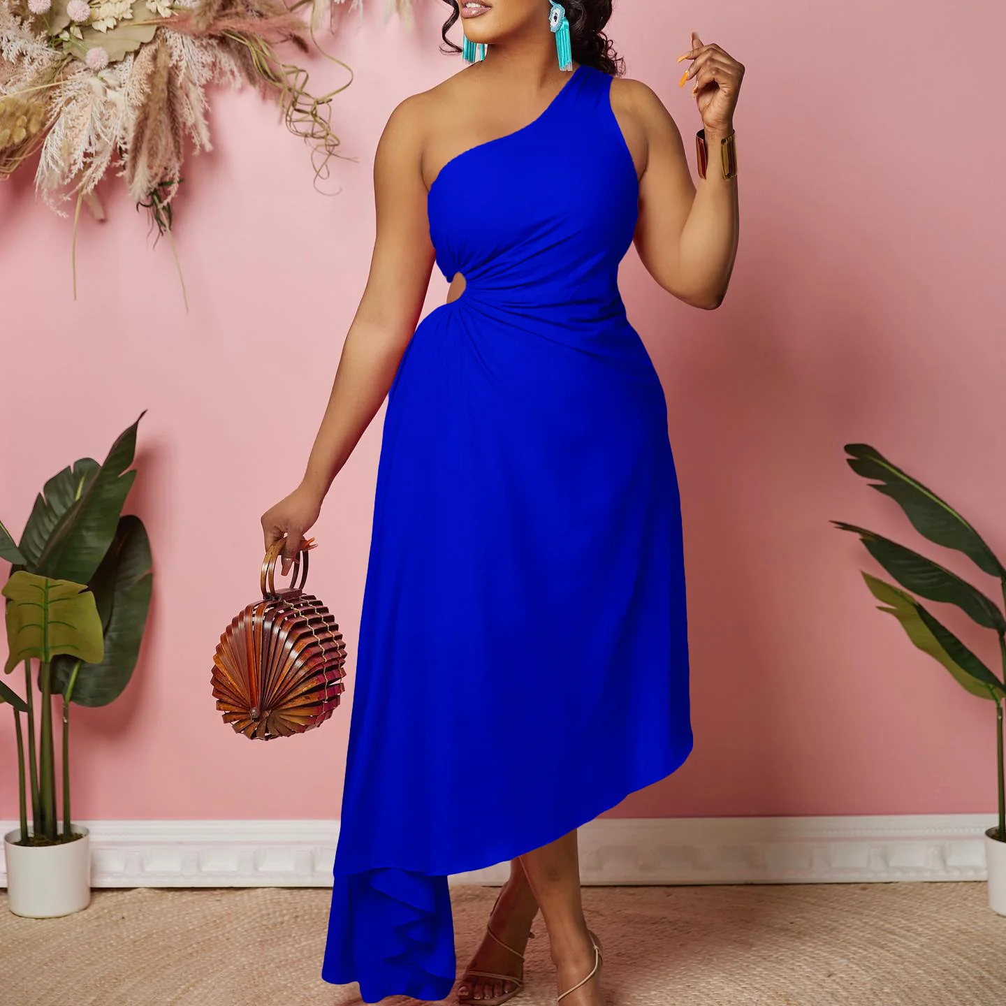 

Новое темпераментное женское вечернее платье LKF, однотонное асимметричное платье с открытым плечом и поясом