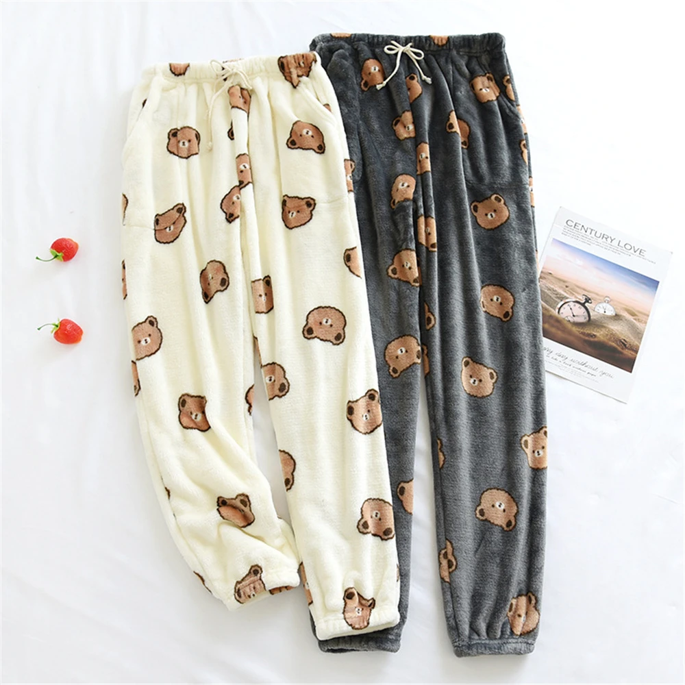 

New Flannel Pajama Pants Men and Women Winter Couple Lounge Wea Casual Soft Warm Homewear Plus Velvet Coral Fleece Home Pants