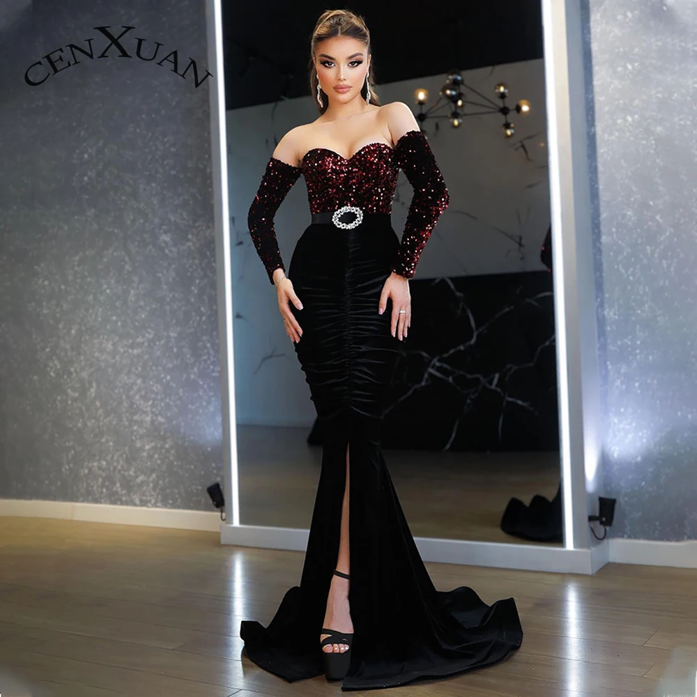 

Cenxuan Satin Sweetheart Trumpet Sparkly Sequined Crystal Backless Side Slit Pleat Evening Party For Women Personalised De Gala