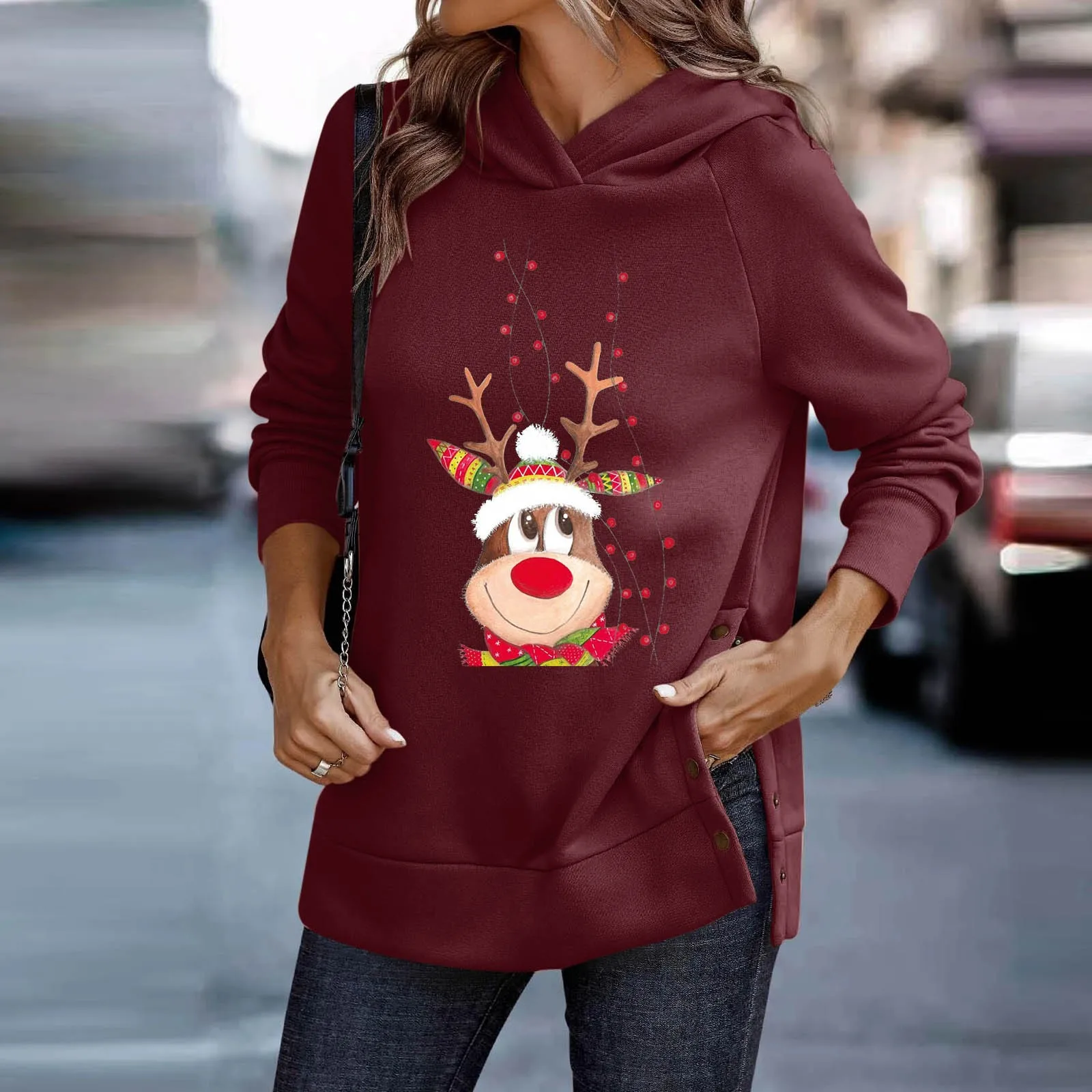 

Ash Zip up Hoodie Women Christmas Print Hooded Sweatshirt Button Split Hem Long Sleeve Hoodie Top Little Girl Hoodies Size 6