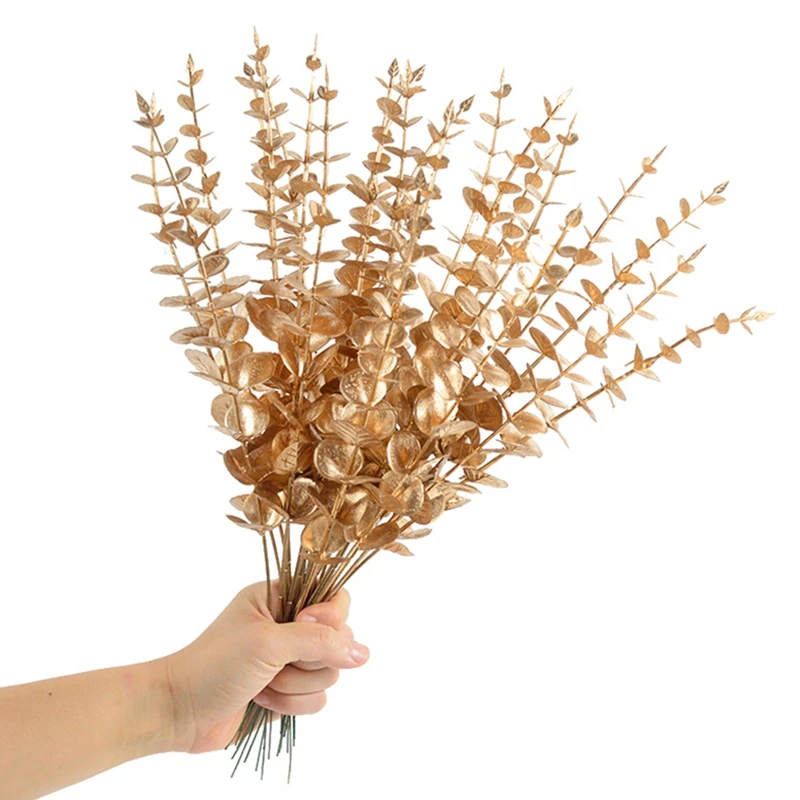 

10Pcs Gold Autumn Artificial Eucalyptus Leaf Flexible Faux Plant Christmas Decorations for Home Wedding Party Flower Arrangement