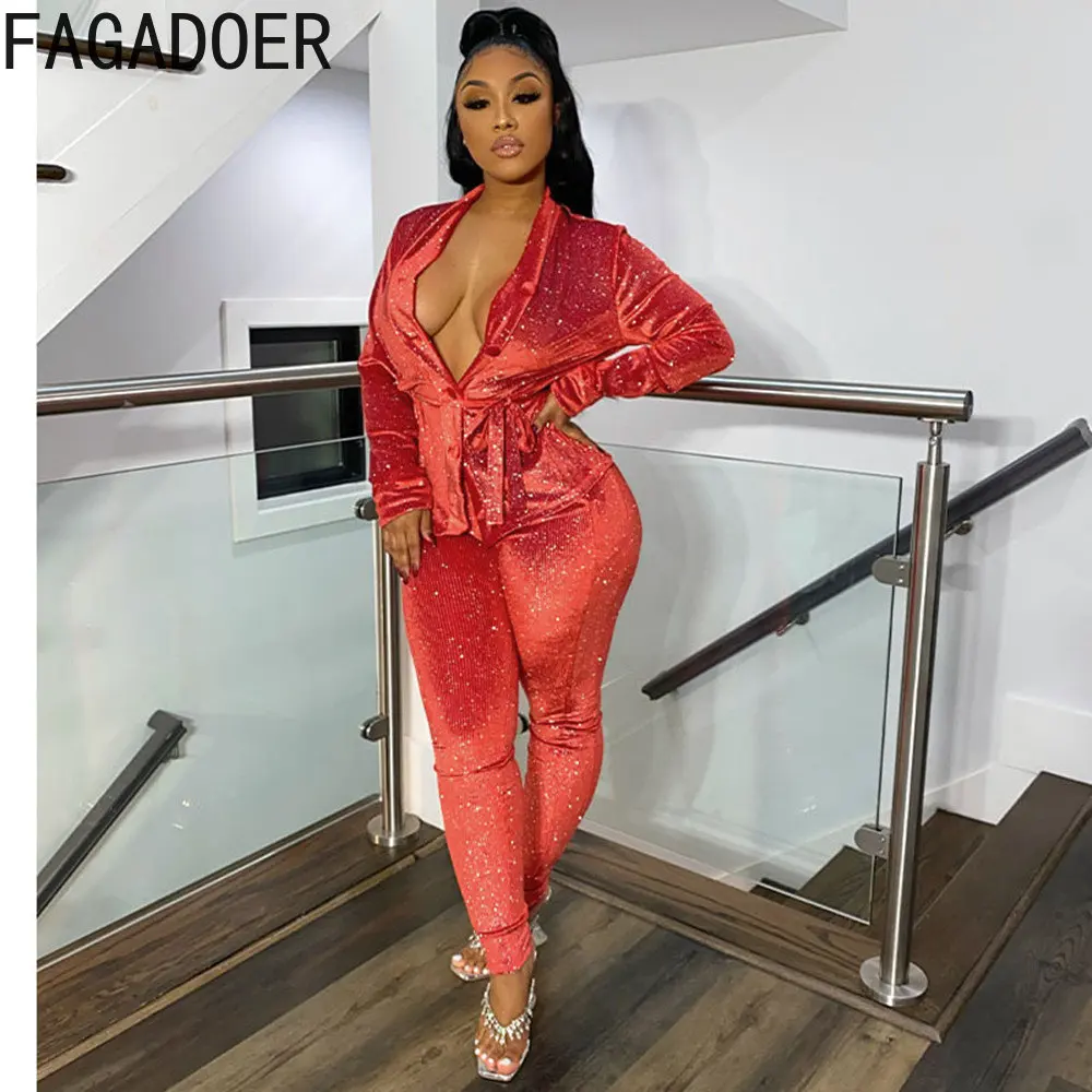 

FAGADOER Fashion Bling Jacket Coat+Long Pants Two Piece Sets Women Deep V Long Sleeve Belt Outfit Fall Female Matching 2pcs Suit
