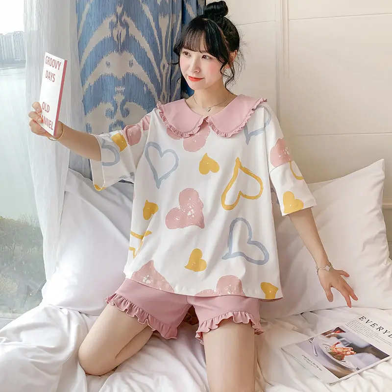 Nightwear Set For Women Two Piece Summer Short Sleeve Thin Sweet Korean Princess Pajama Sets Student Girl Lovely Home Clothes