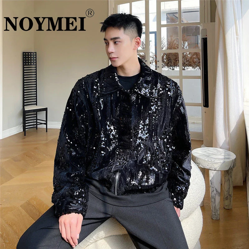 

NOYMEI Sequined Soild Color Winter Coat Temperament Single Breasted Chic Men's Jacket 2023 New Darkwear Trend Zipper WA169
