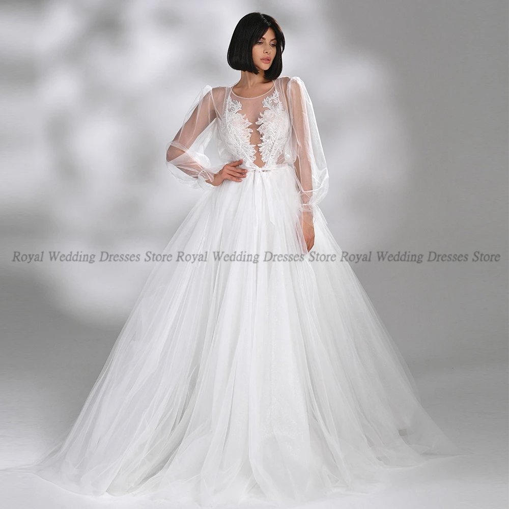 

RANMO Simple A Line Wedding Dresses Tulle Puff Sleeve Draped Handmade Flower V Neck Open Back 2022 Floor Length Gowns Robe De Ma