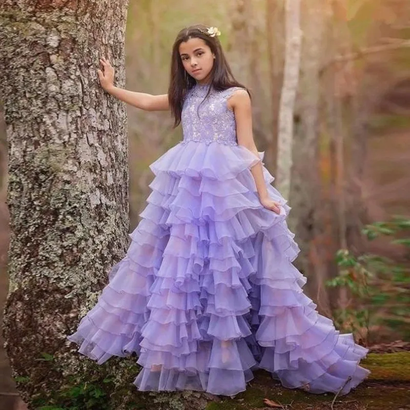 

Princess Lavender Girls Pageant Dresses With Lace Sleeveless Toddler Tiered Organza Long Birthday Dress Kids Flower Girl Dress