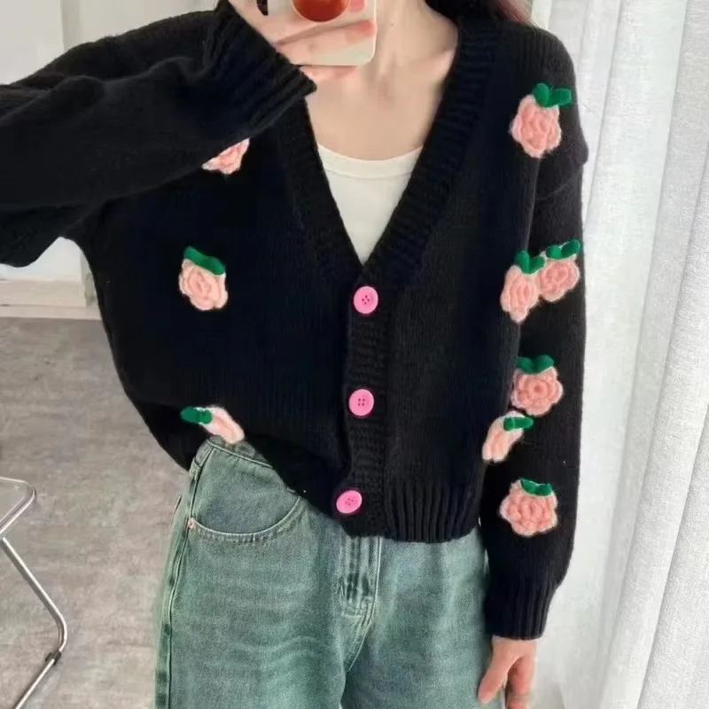 Романтический вязаный кардиган с 3D цветами женская куртка v-образным вырезом и