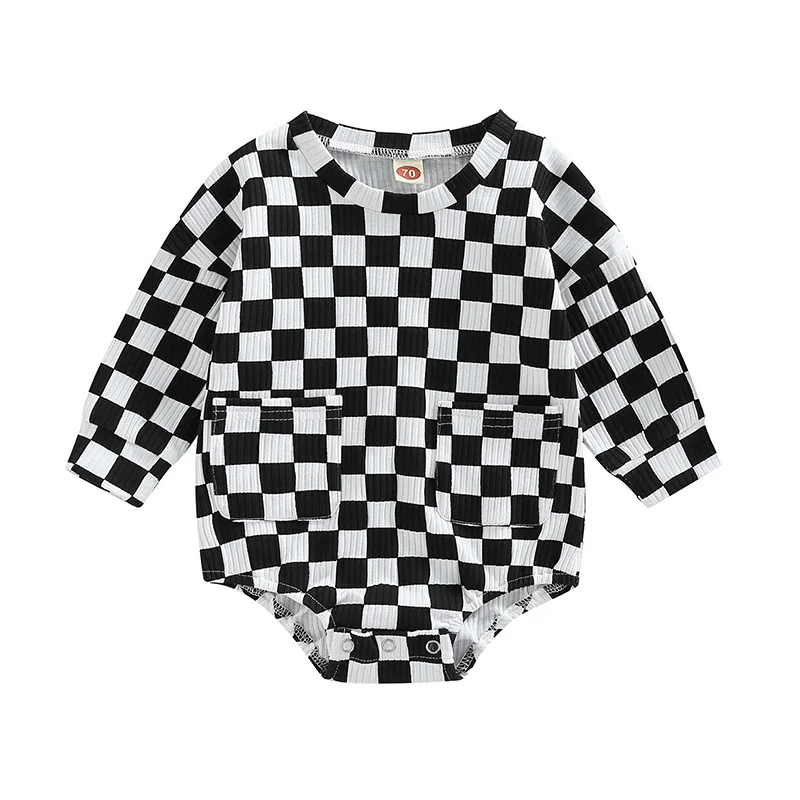 

Baby Boy Casual Long Sleeve Romper Fashion Checkerboard Print Round Neck Triangle Jumpsuits with Pockets