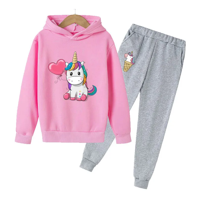 

3-14Y Childrens Lovely Anime Unicorn Hoodie Kids Tracksuit Toddler Girls Cute Pink Logo Printed Hoodies Baby Boys Clothing Sets