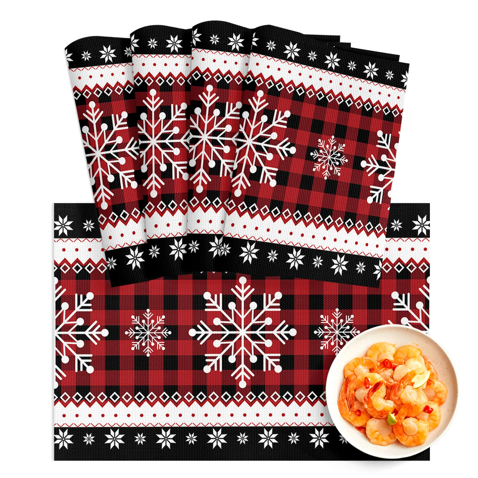 

4/6pcs Placemat Christmas Winter Snowflake Red Plaid Restaurant Kitchen Accessories PVC Dining Table Mats Disc Bowl Coaster Pad