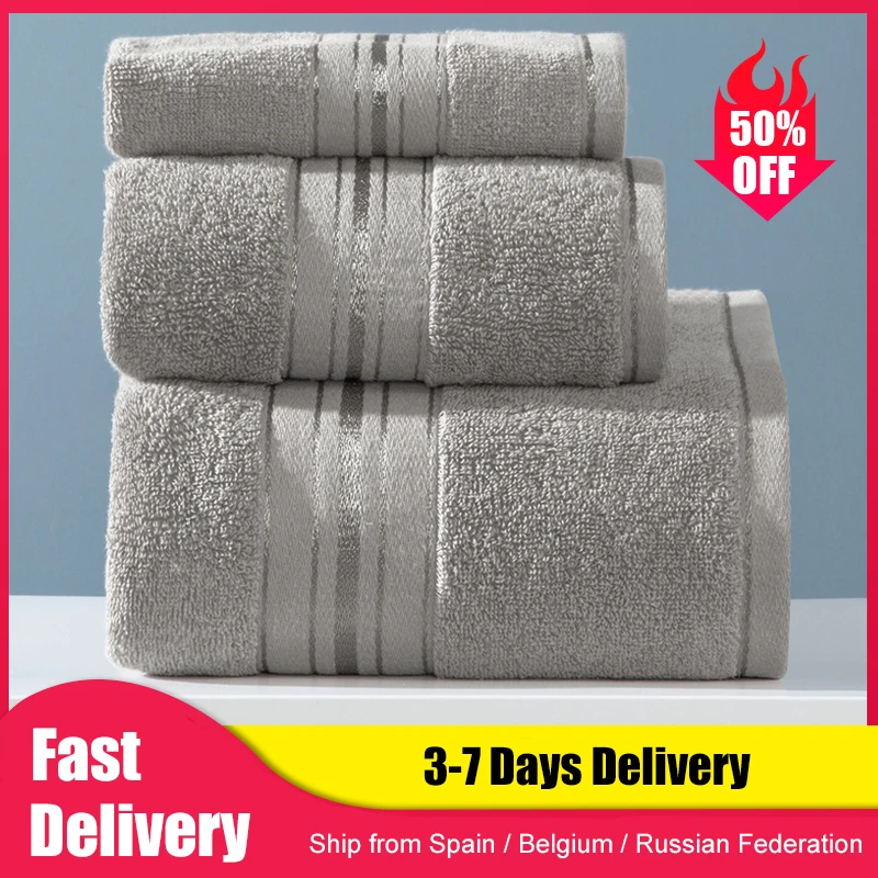 3 Pieces Soft Towel Set Bath Towel Face Towel Hand Towel Bathroom Towel Sets Brown Grey 100% Cotton High-grade Sports Towels
