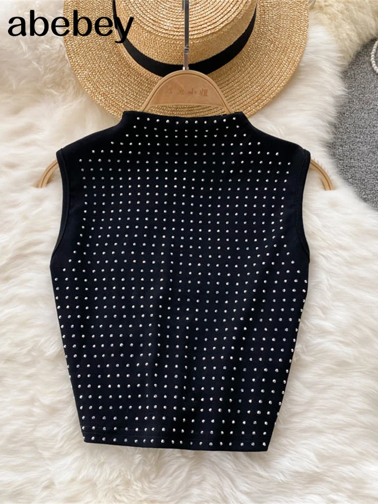 

2022 модная сексуальная клубная одежда, кроп-топы с бриллиантами, футболки без рукавов, сексуальная облегающая женская футболка на бретелях