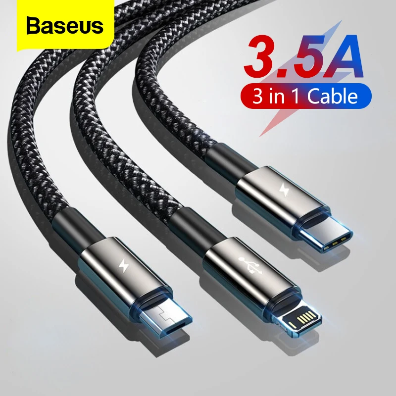 

USB-кабель Baseus 3 в 1 для iPhone 13 12 11 Pro Max, быстрая зарядка, USB Type-C, телефонный кабель для Huawei, Xiaomi, Samsung, микро-зарядное устройство