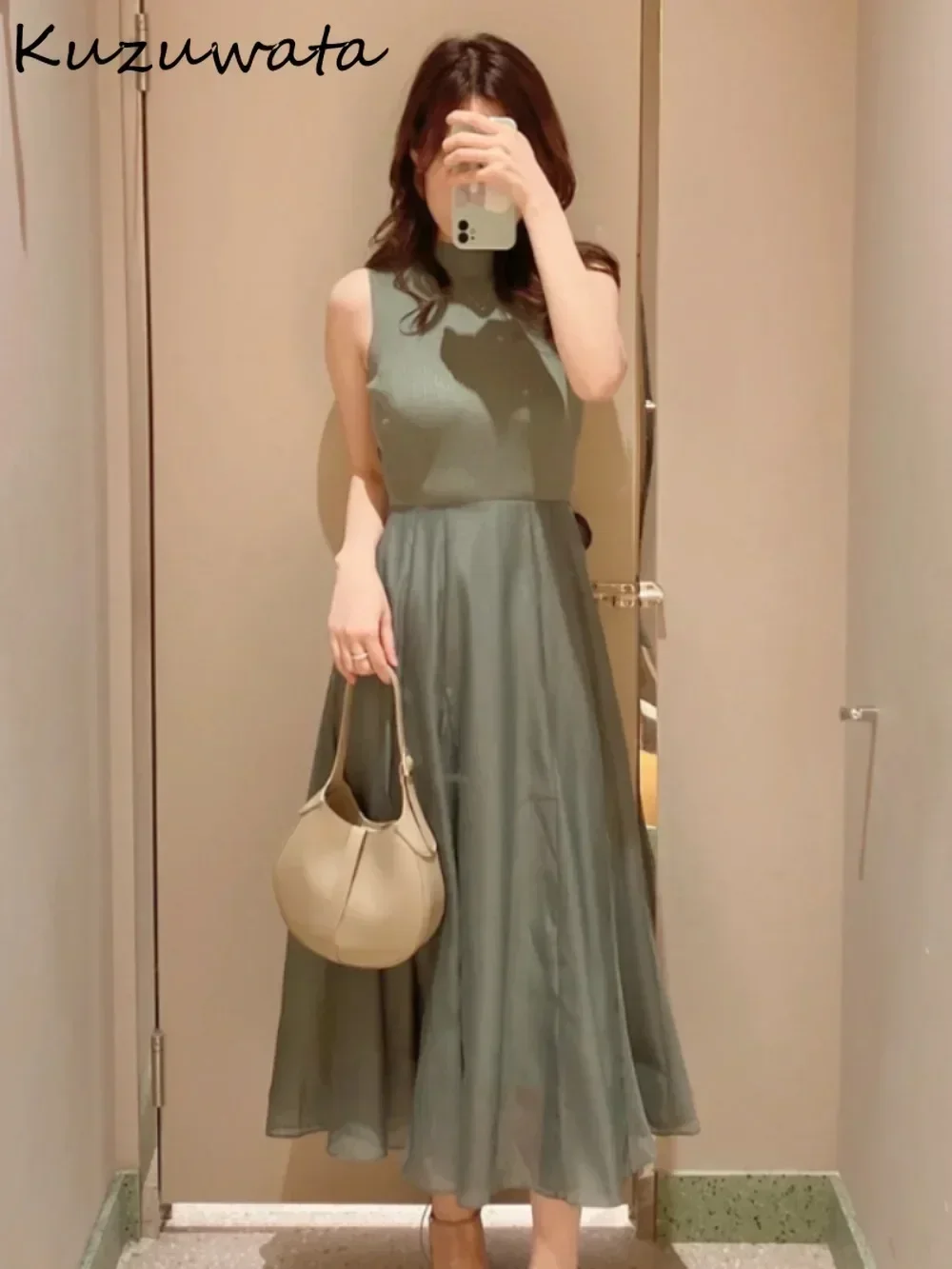 Kuzuwata милые элегантные платья средней длины без рукавов с круглым вырезом вязаный