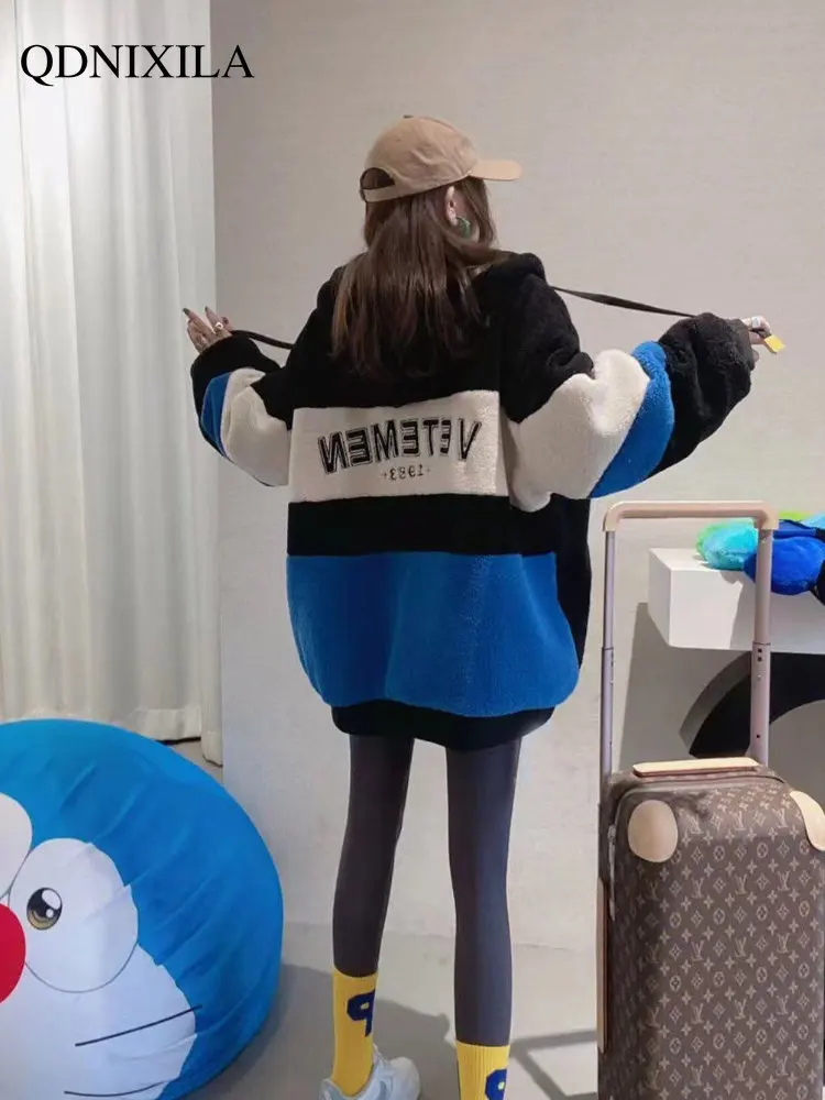 Winter Jacket Women 2022 Korean Fashion Embroidery Thickened Hooded Wool Clip Cotton Faux Fur Coat Women New In External Clothes