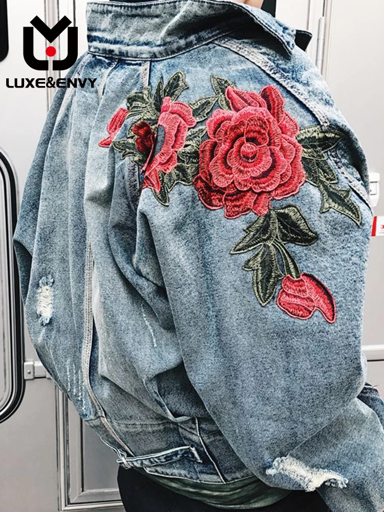 

Джинсовая куртка Роскошная & ENVY для мужчин и женщин, рваная свободная винтажная верхняя одежда с стереоскопической вышивкой розы, весна-осень 2023
