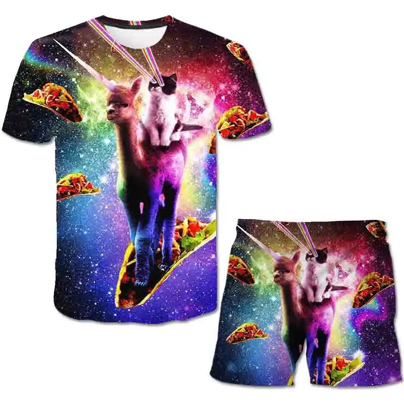 

Children Cartoon Cute cat Casual T-Shirts Set Summer Kid's 3D printed O-neck Short Sleeve Shorts Suit 4-14 Years Boys Girl Set