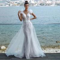 mermaid v neck hy165 wedding dress for women backless floor length princess lace illusion luxury bridal gowns vestidos de novia