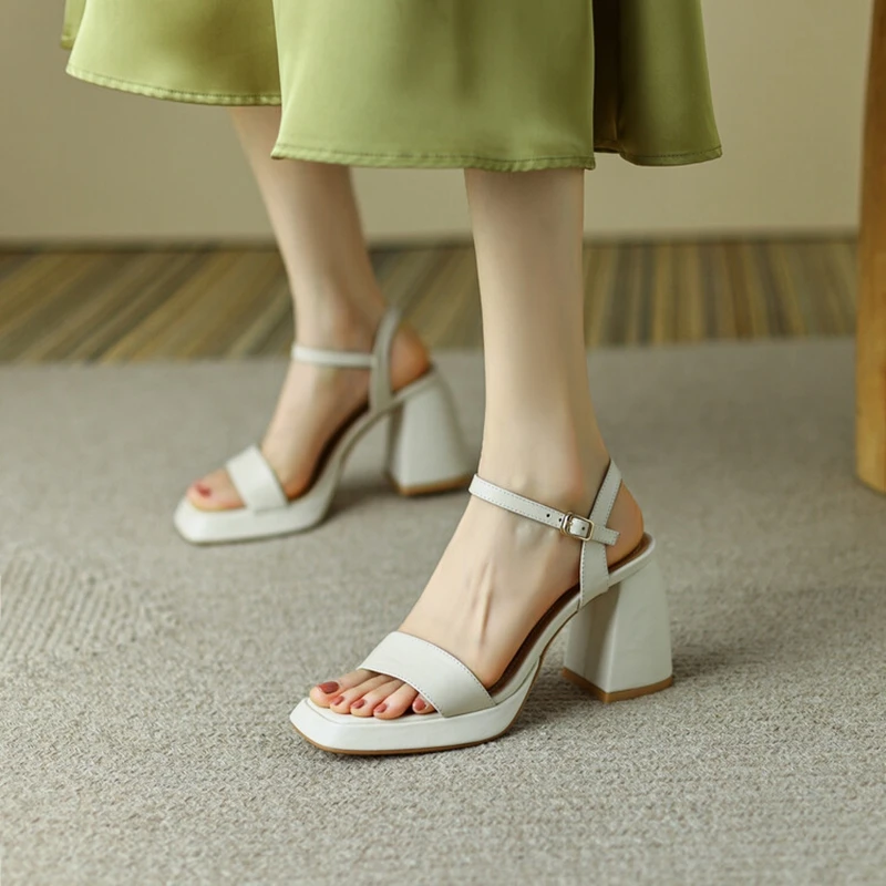 

NEW Summer Woman Sandals Cow Leather Women Shoes Square Toe Super High Heels Solid Chunky Heels Beige Platform Sandals for Women