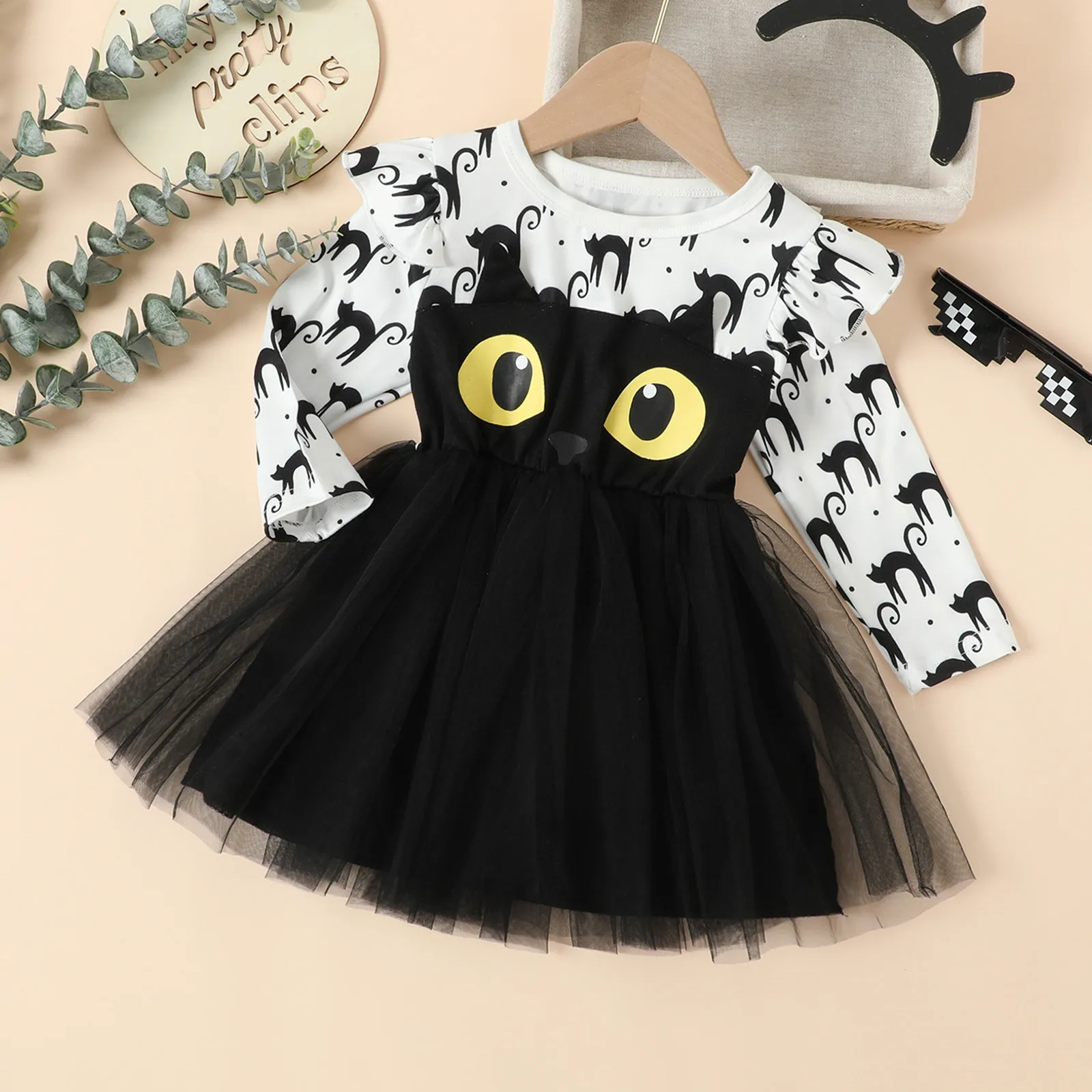 1-6Y Girl Halloween Dress Black Cat Print Cartoon Mesh Tulle Princess Dresses For Girls 2022 Festival Halloween Costume For Kids