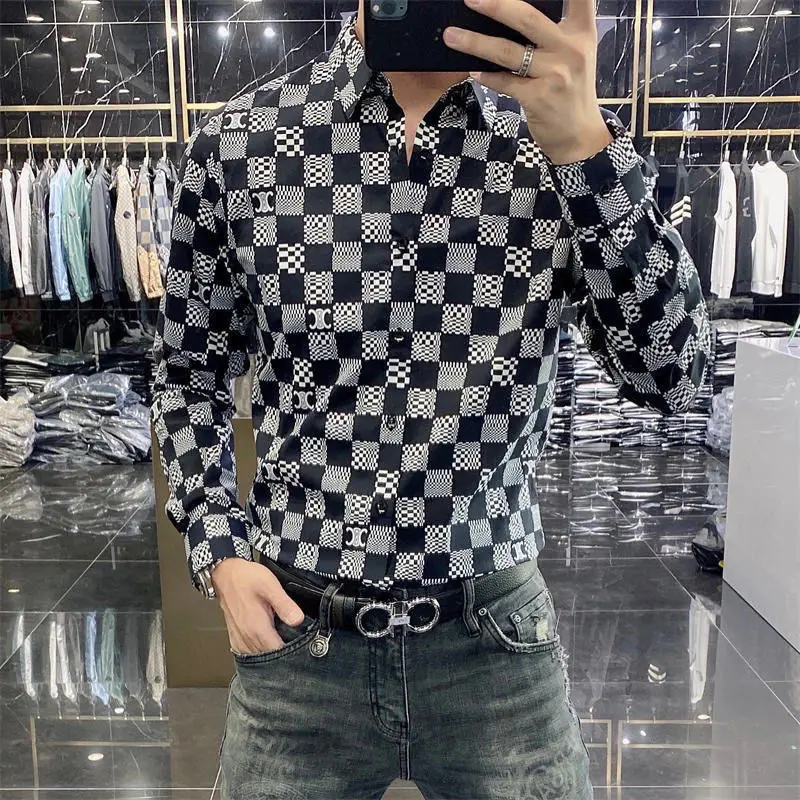Men's Tide Brand Printed Long Sleeve Shirt Autumn Business Leisure Joker Korean Slim Shirt