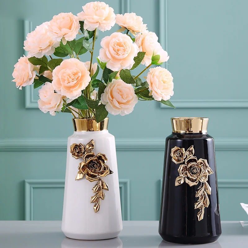 

Креативная керамическая ваза, Золотая ваза, рельефные цветы, Цветочная композиция розы, аксессуары, современное домашнее украшение, керами...
