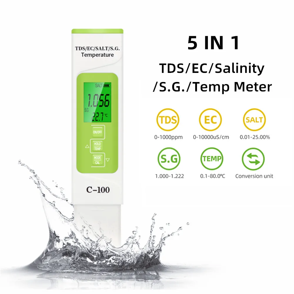 

Измеритель температуры, цифровой тестер качества воды для аквариумов и бассейнов, TDS/EC/соли/S.G. 5 в 1, скидка 50%