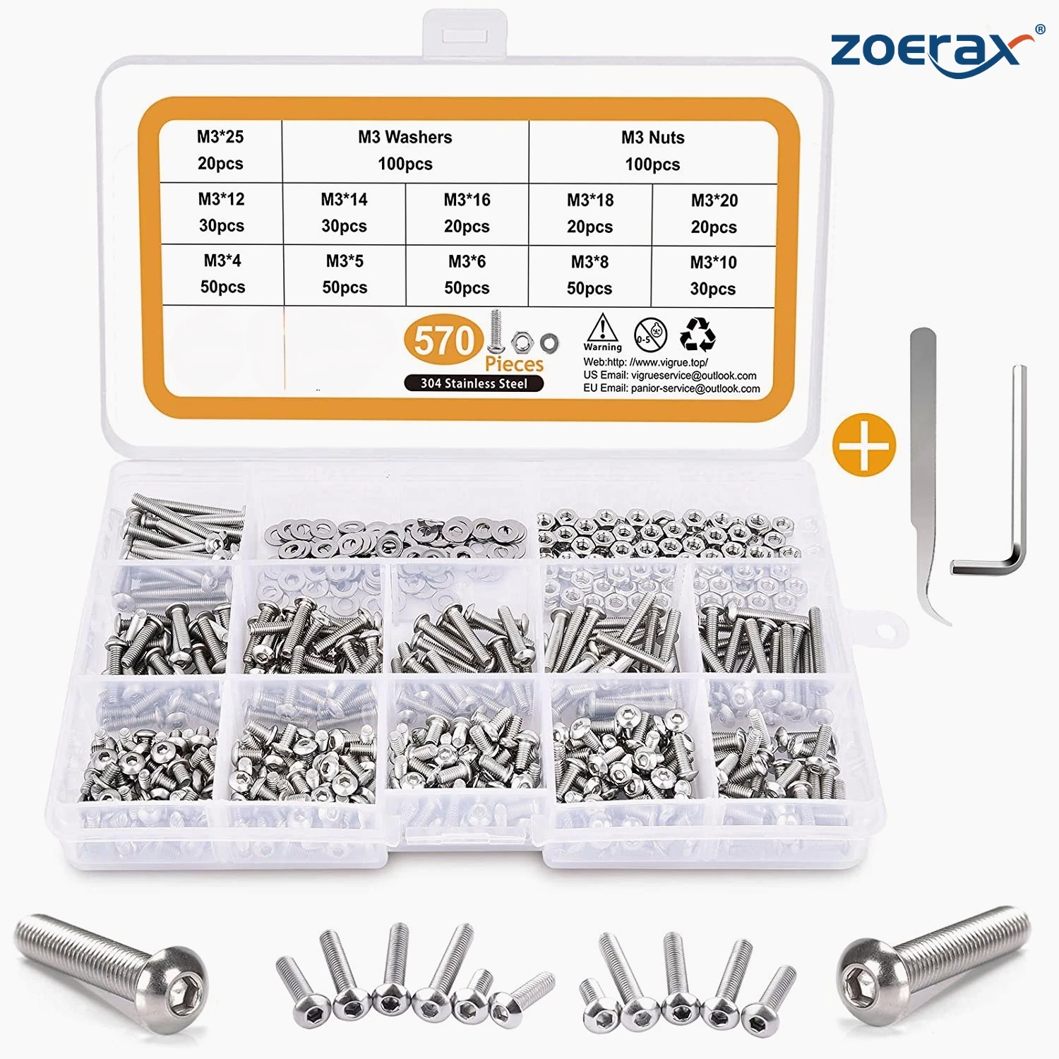 

570PCS 304 Stainless Steel M3 Button Head Hex Socket Cap Screw Bolts, M3 Series Screw and Nuts Flat Washer Assortment Kit