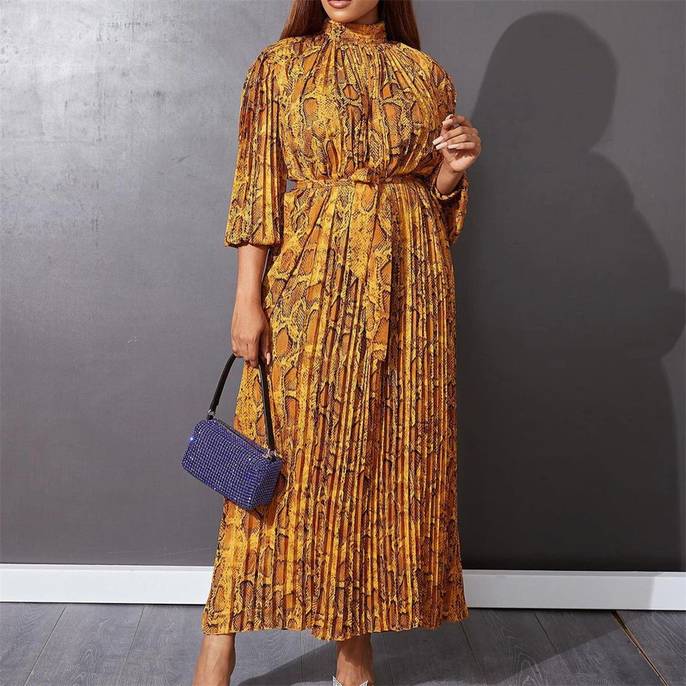 

Leopard Loose Pleated Summer Dress Women Elegant Printing with Waist Belt Draped Party Robe Femme 2022 Office Maxi Vestidos