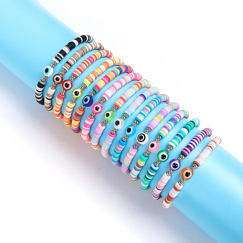 

12pcs Boho Evil Turkish Eye Bracelet Set Disc Color Polymer Clay Beads Bracelets For Women Summer Adjustable Braided Jewelry