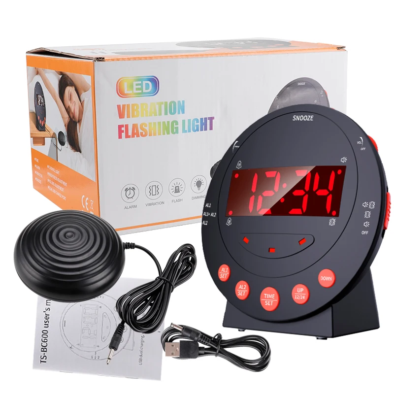 

LED Vibrating Loud Alarm Clock Strong Bed Vibration Shaker for Heavy Sleepers Deaf Senior Kids Display Dimmer Snooze USB Charger