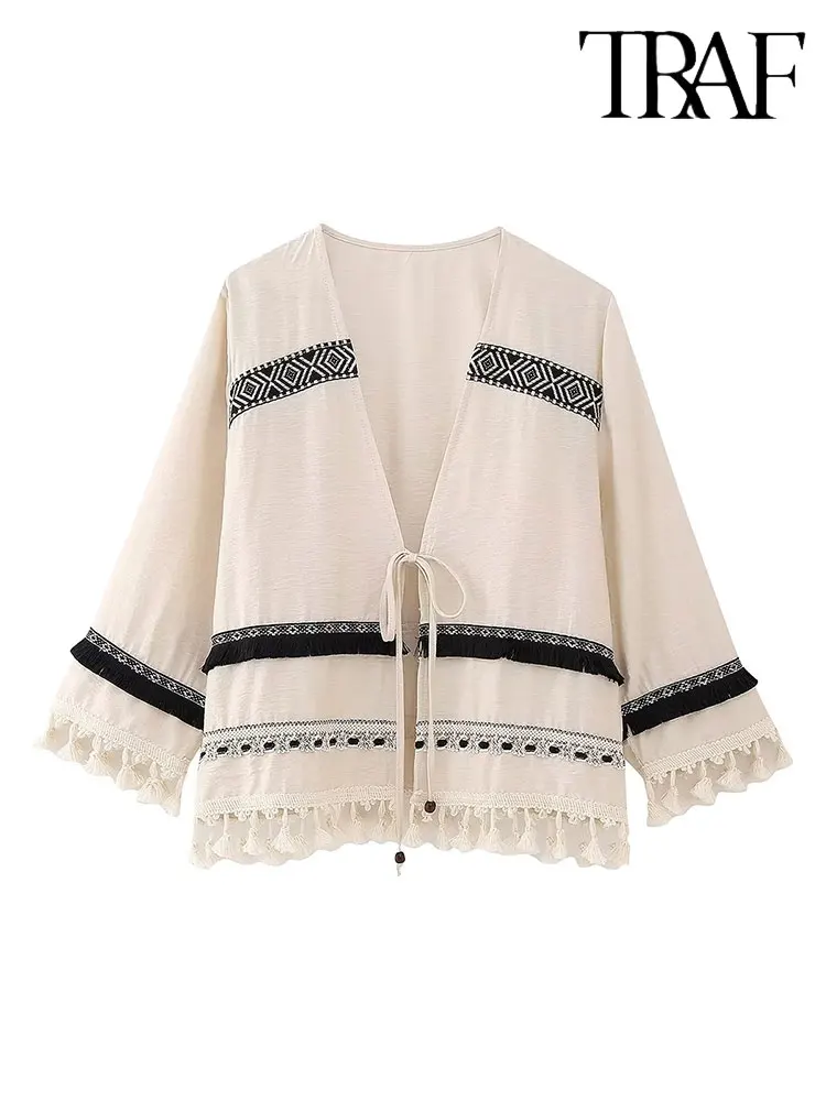 

TRAF 2023 Spring Summer Woman Tassel Embroidery Blouse Fashion Long Sleeve Vintage Lace Up Elegant Casual Loose Tops