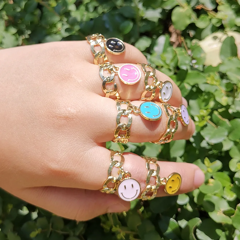 

Lady Cute Dripping Oil Smiling Face Ring Women Ins Fashoin Hip Hop Party Hollow Metal Geometric Wide Ring Jewelry