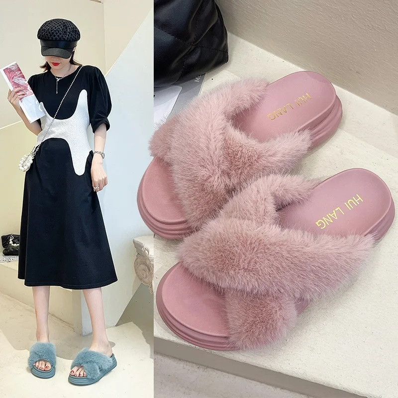 Thick Bottom Cross Plush Upper Sandals and Slippers Women's 2022 New Outer Wear Plush Women's Shoes Fashion Open Toe Slippers