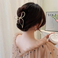 inset imitation diamond pearl bow hair clip south korean design sense back of the head grip clip metal cool wind hair claw