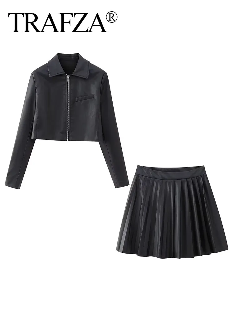 TRAF ZA  Woman Faux Leather PU Coat Biker Jacket Zipper Long Sleeve Short Outwear+Women Sexy Pleated Skirt Two Piece Suit