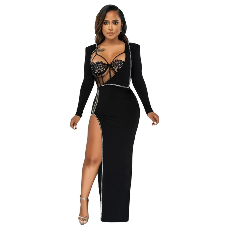 

STYLISH LADY Diamonds Dress 2022 Autumn Women Long Sleeve High Split Bodycon Sexy Club Party Long Maxi 2 Piece Dress