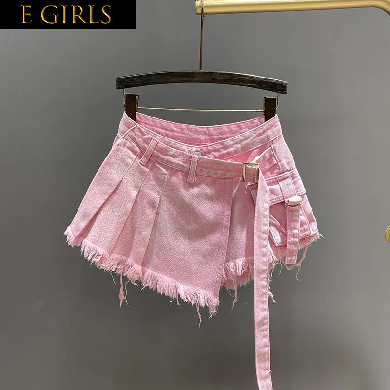 

E GIRLS Fake Two Patchwork Burrs Denim Shorts Skirts Women's Bandage Solid Color High Waist Skirt Female 2023 Summer New GK348